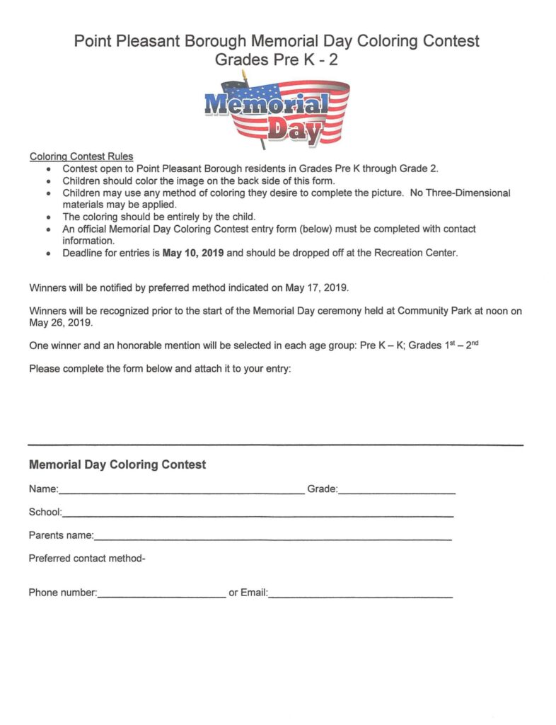 A Memorial Day coloring contest form for pre-K through grade 2, with contest rules, entry deadlines, and fields for the child's name, grade, school, parent, and contact information.