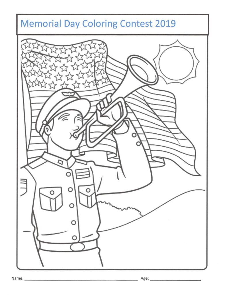 Memorial Day coloring contest worksheet showing a uniformed bugler playing a trumpet in front of a waving American flag and sun, with lines for a name and age.