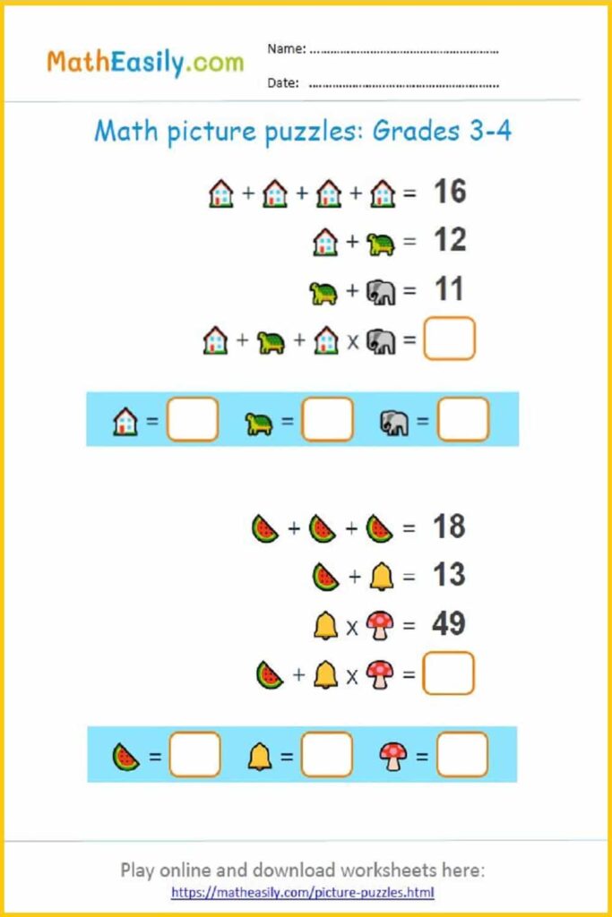 A Grades 3–4 math worksheet with picture puzzles using houses, animals, fruit, and mushrooms, with equations and blank answer boxes.
