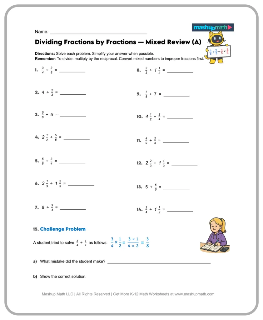 A two-column worksheet titled “Dividing Fractions by Fractions — Mixed Review,” with 15 fraction problems, answer lines, directions, and a challenge problem.