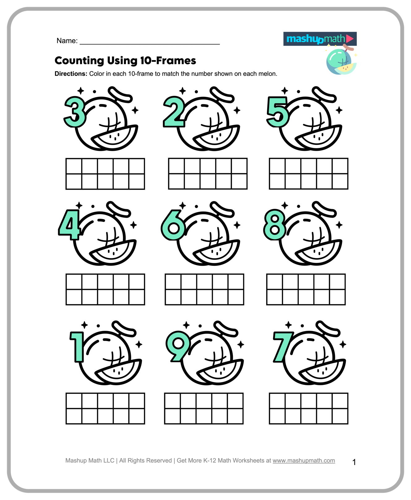 A counting worksheet asks students to color a 10-frame to match each number. Nine melon illustrations are labeled 1 through 9, each above an empty two-row grid.