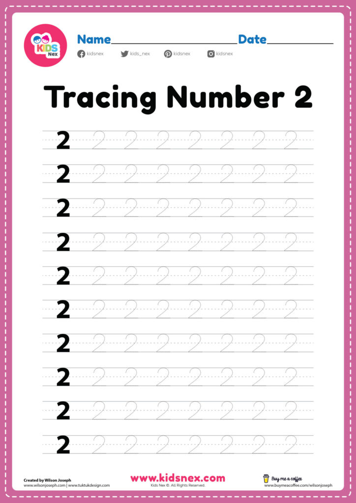 A number 2 tracing worksheet with rows of dotted numerals to trace, plus name and date lines at the top.