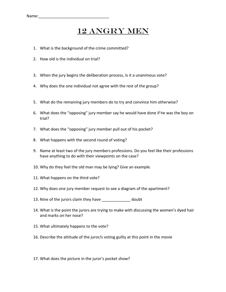 A worksheet titled “12 Angry Men” with 17 questions about the crime, jurors’ votes and arguments, and details from the movie.