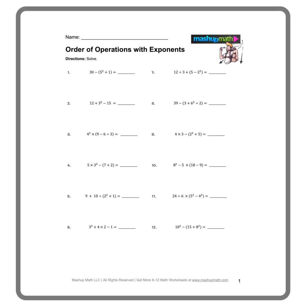 A worksheet titled “Order of Operations with Exponents,” with 12 numbered arithmetic problems and blank answer lines.
