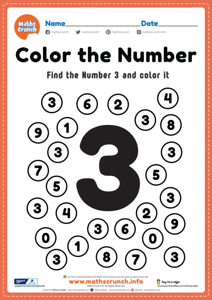 A number worksheet titled “Color the Number,” with a large 3 surrounded by circled numerals and instructions to find and color each 3.