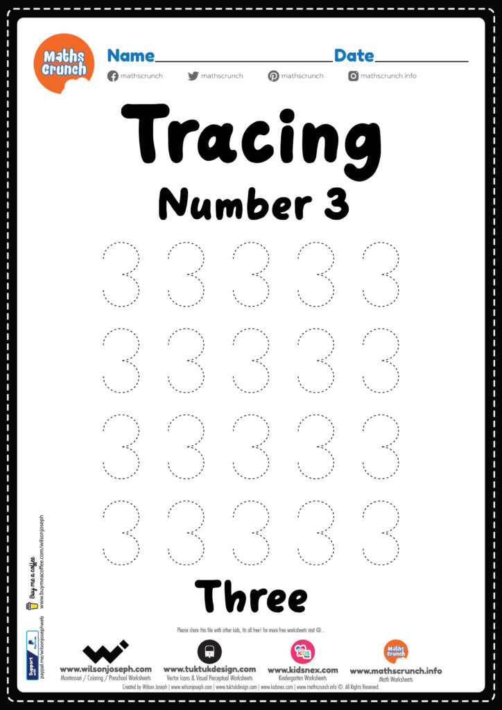 A number-three tracing worksheet with rows of dotted numeral 3s, a name and date line, and the word “Three” at the bottom.