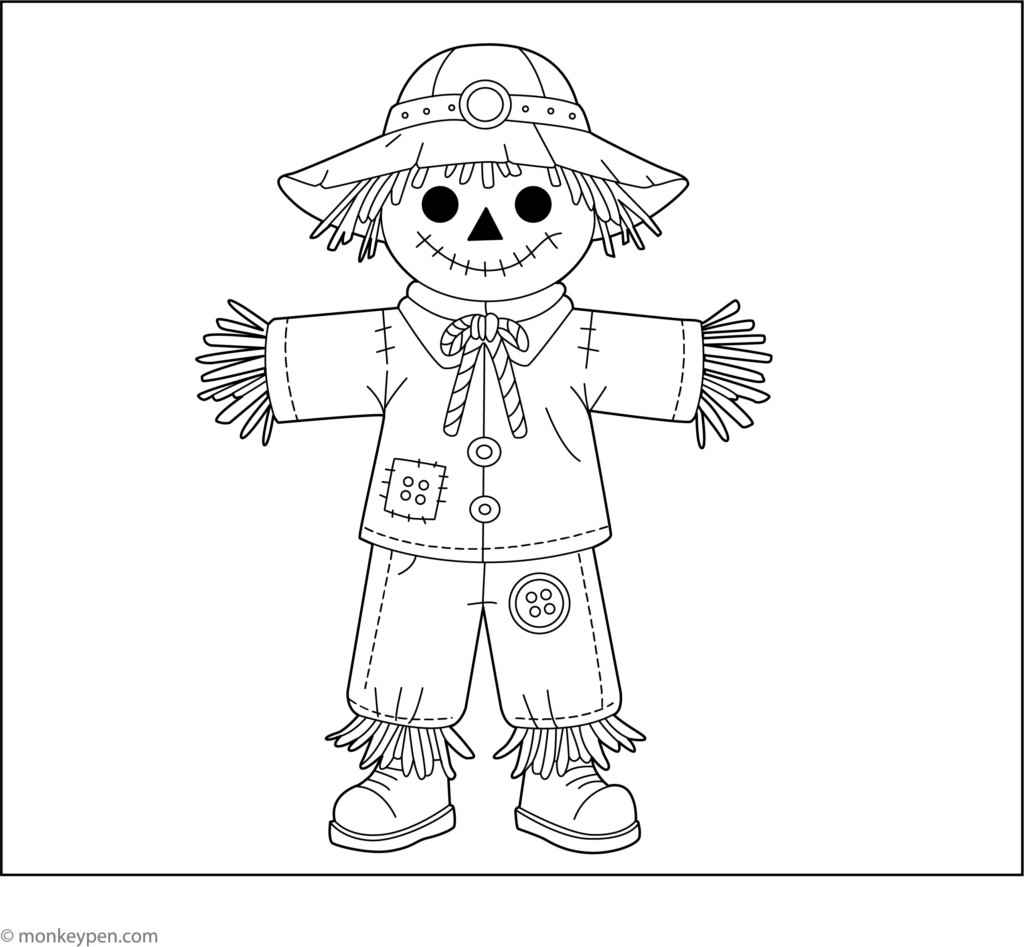 A scarecrow coloring page showing a smiling figure in a wide-brimmed hat, patched clothes, straw fringe, and boots.