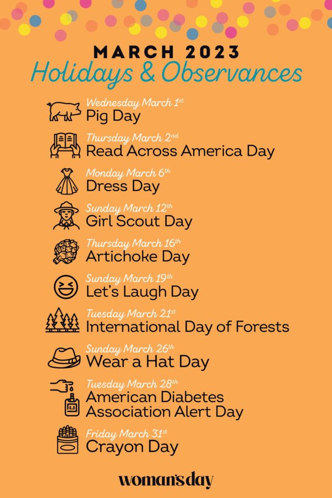 Orange March 2023 holidays and observances infographic with dates, event names, and small illustrations, including a pig, book, dress, forest, and crayons.