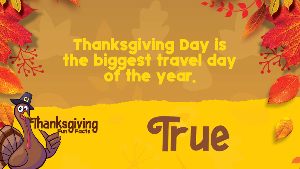 A Thanksgiving-themed graphic with autumn leaves and a cartoon turkey states, “Thanksgiving Day is the biggest travel day of the year.”.