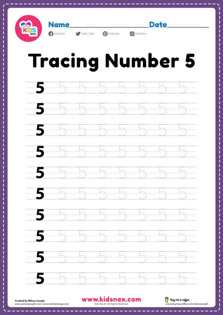 A preschool worksheet titled “Tracing Number 5,” with repeated large 5s and dotted numeral outlines on handwriting lines.