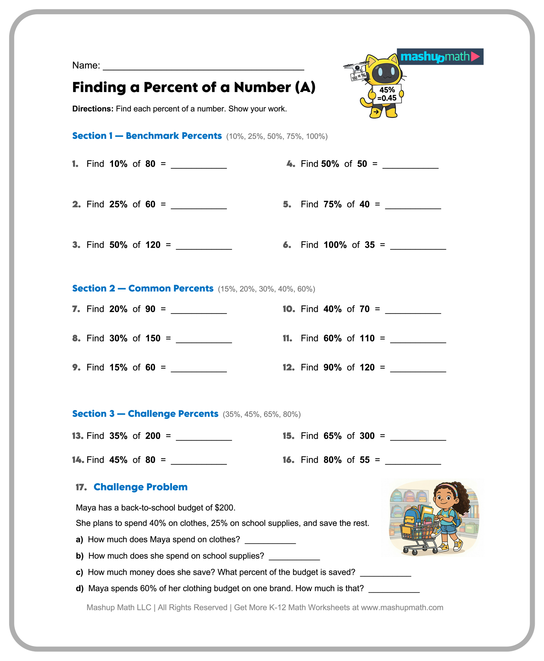 A math worksheet titled “Finding a Percent of a Number” with benchmark, common, and challenge percent problems, plus a budget word problem.