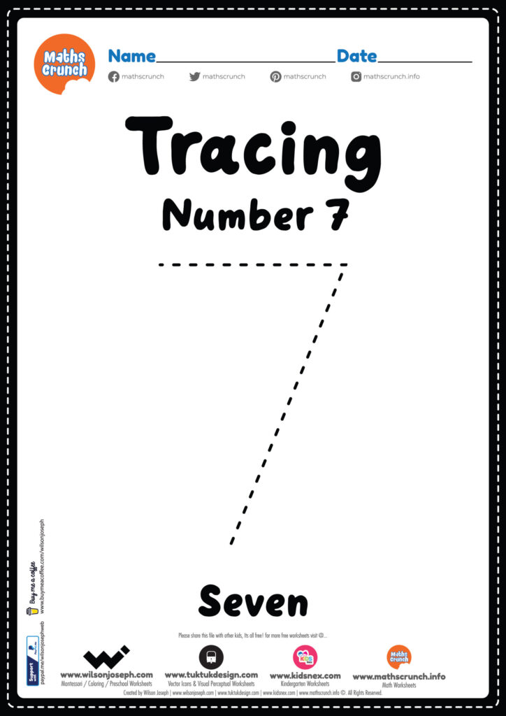 A number 7 tracing worksheet with a large dashed numeral, “Tracing Number 7” heading, and “Seven” printed near the bottom.