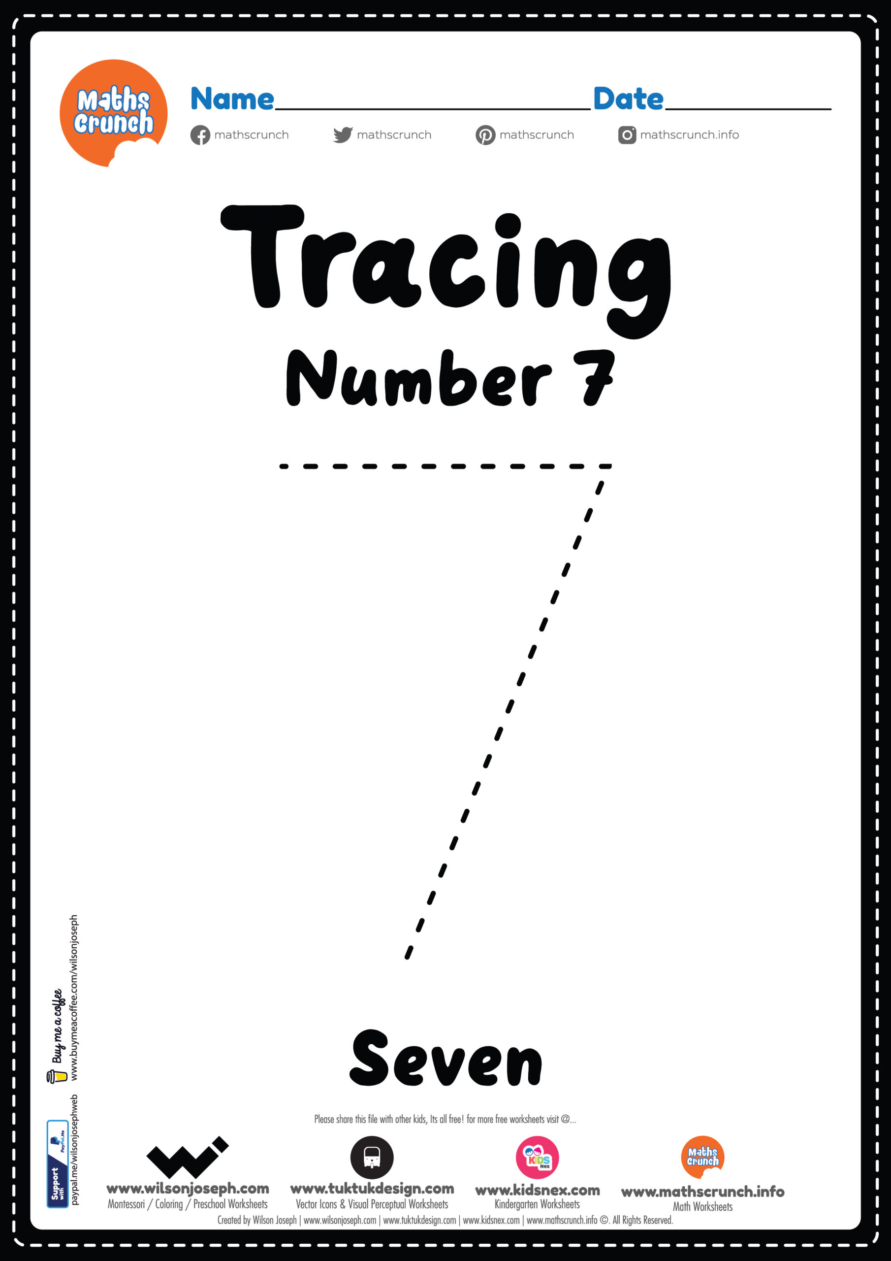 A number 7 tracing worksheet with a large dashed numeral, “Tracing Number 7” heading, and “Seven” printed near the bottom.