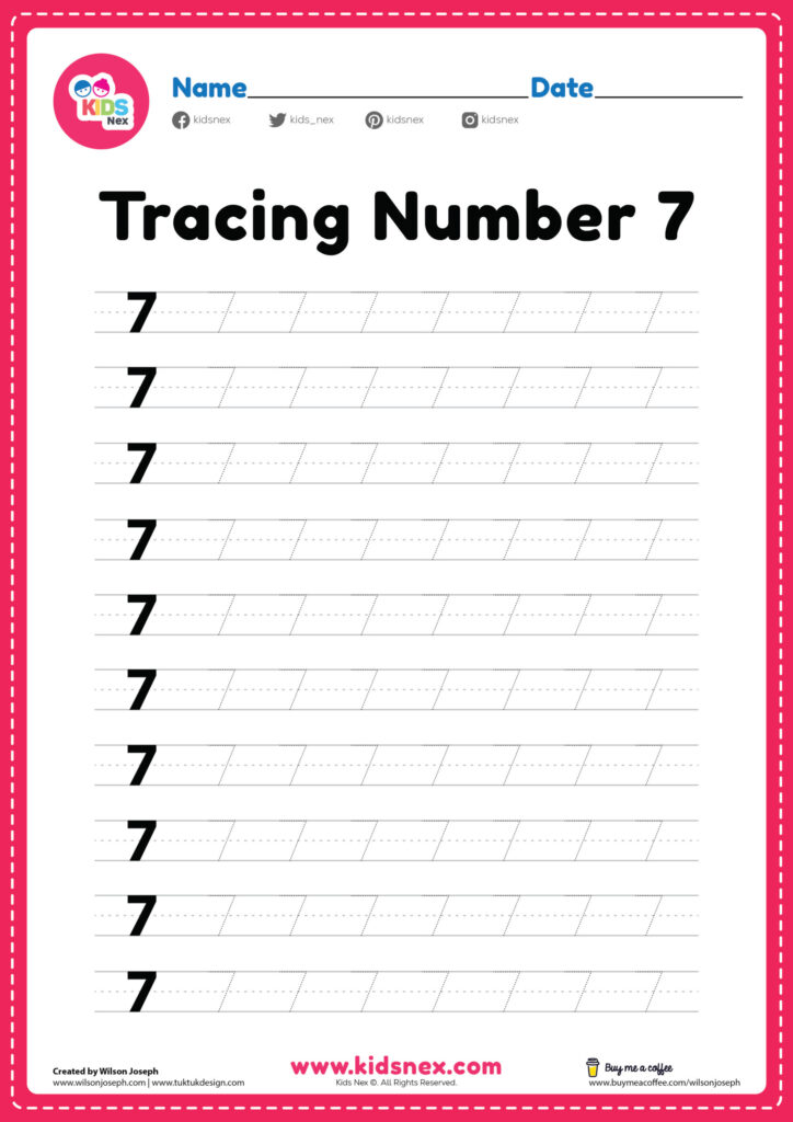 A number 7 tracing worksheet with name and date fields and rows of large sevens followed by dotted practice guides.