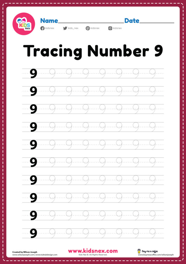A number 9 tracing worksheet with rows of large printed 9s followed by dotted 9s to trace, plus name and date lines.