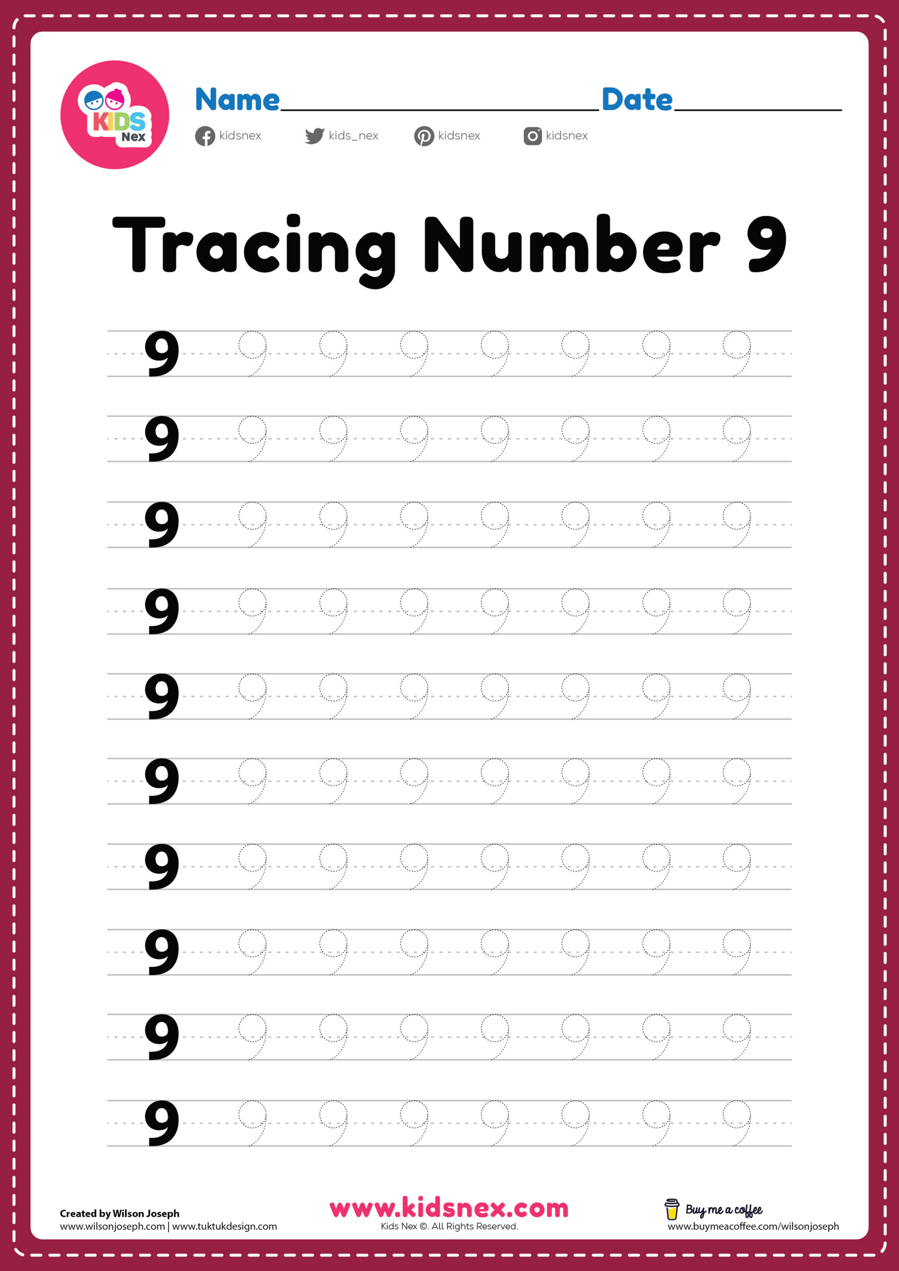 A number 9 tracing worksheet with rows of large printed 9s followed by dotted 9s to trace, plus name and date lines.