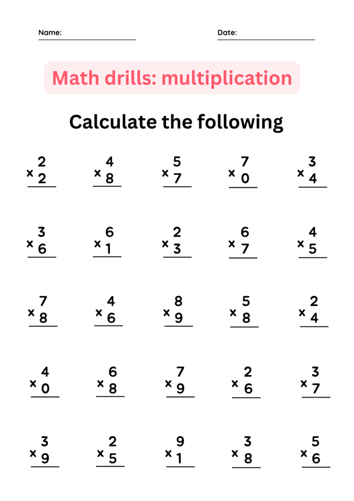 A multiplication drill worksheet with name and date lines, a pink title banner, and five rows of single-digit multiplication problems to calculate.