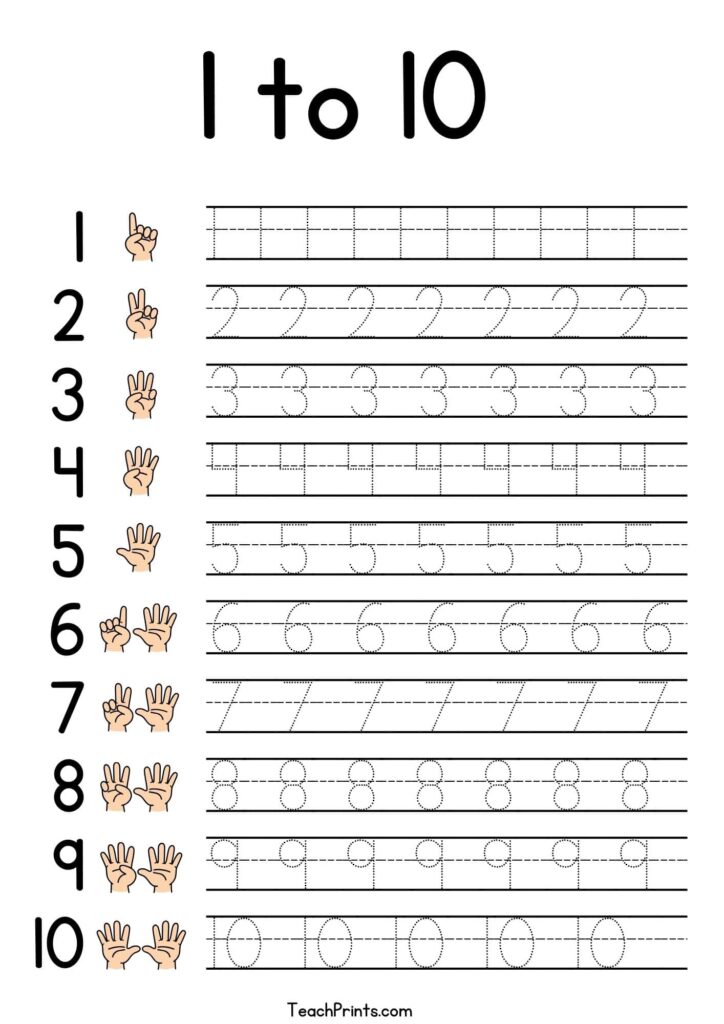 A number-tracing worksheet for 1 to 10, with each numeral paired with hand-sign illustrations and rows of dotted numbers and handwriting guides.
