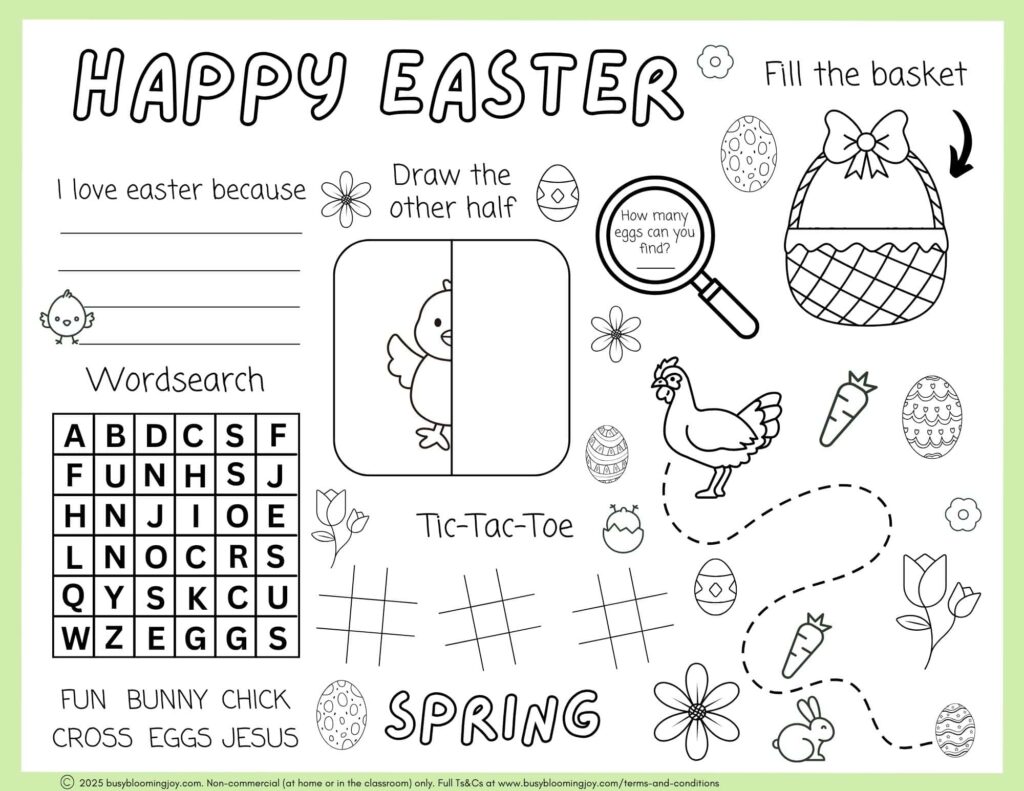 Easter activity worksheet featuring a word search, a half-chick drawing prompt, tic-tac-toe grids, and a dashed path through spring-themed illustrations.