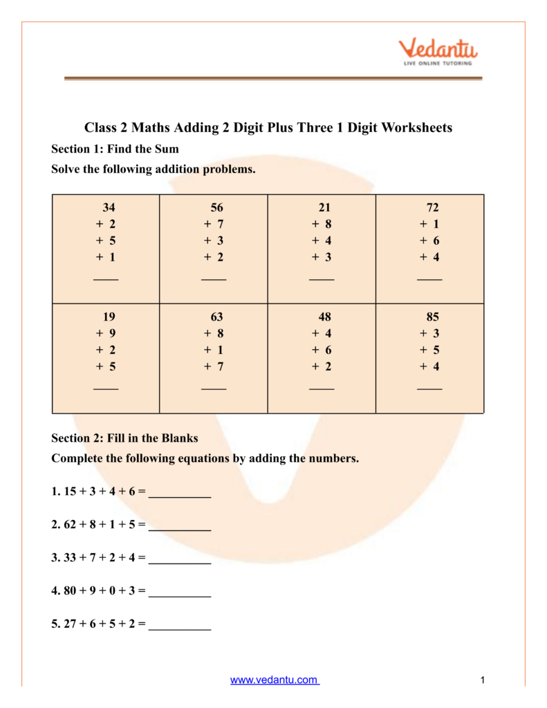 Class 2 addition worksheet with a grid of vertical sums and five fill-in-the-blank addition equations.