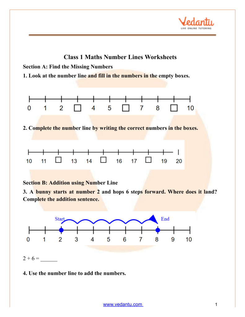 A Class 1 maths worksheet asks students to fill missing numbers on number lines and solve an addition problem using bunny hops from 2 to 8.