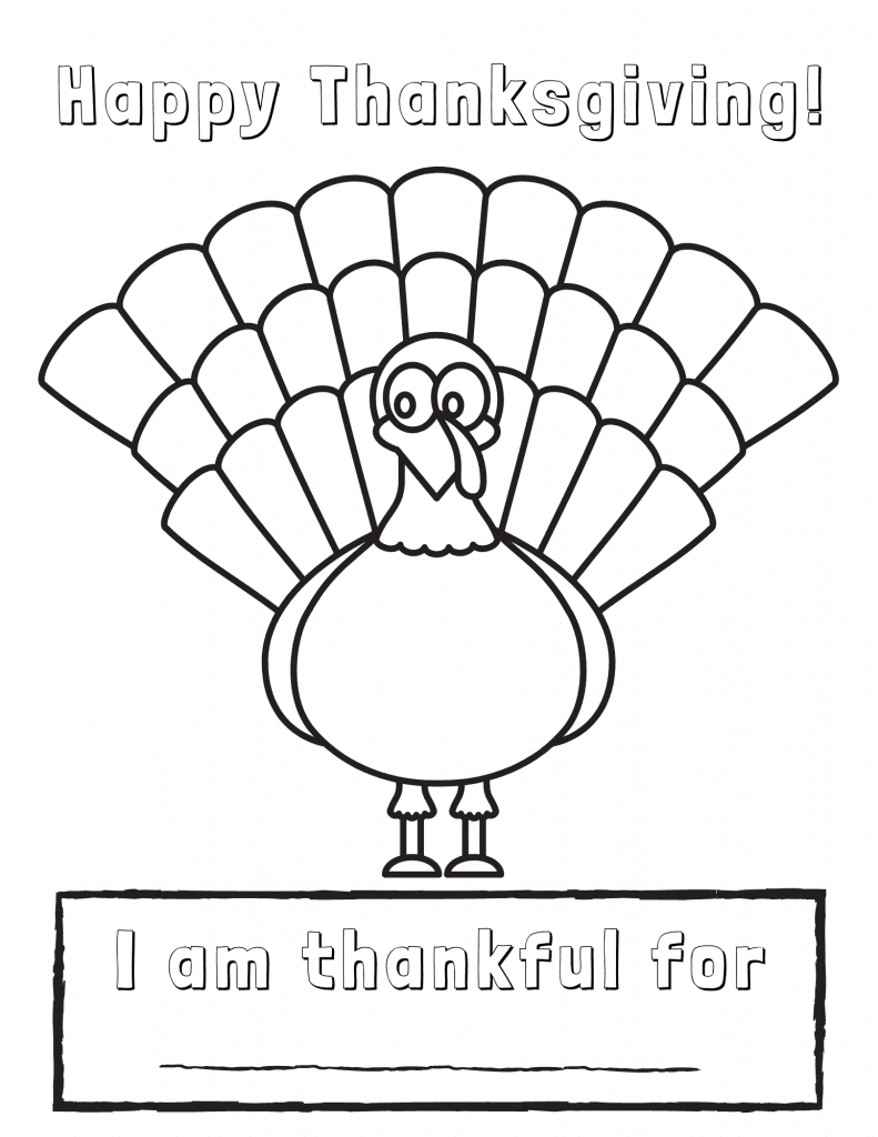 Thanksgiving worksheet with an outlined turkey, “Happy Thanksgiving!” heading, and a blank line beneath “I am thankful for.”.