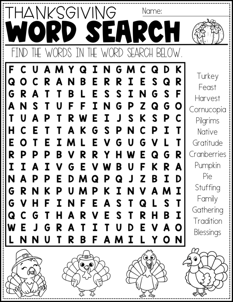 Thanksgiving word-search worksheet with a large letter grid, a list of holiday words, and four turkey illustrations along the bottom.