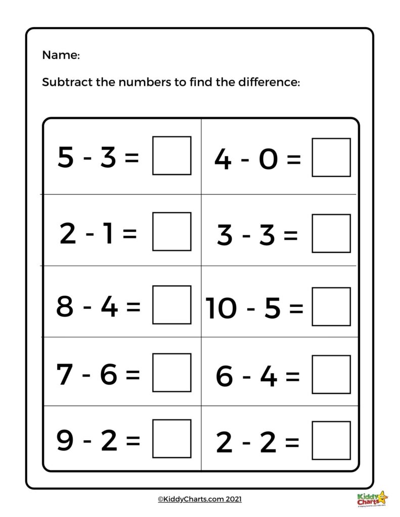 A subtraction worksheet with ten single-digit and two-digit subtraction problems, each followed by a blank answer box.
