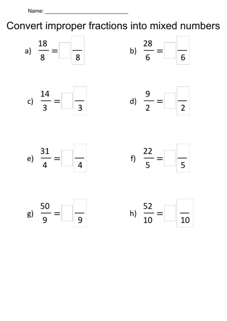Worksheet with eight problems converting improper fractions, including 18/8, 28/6, and 52/10, into mixed numbers.
