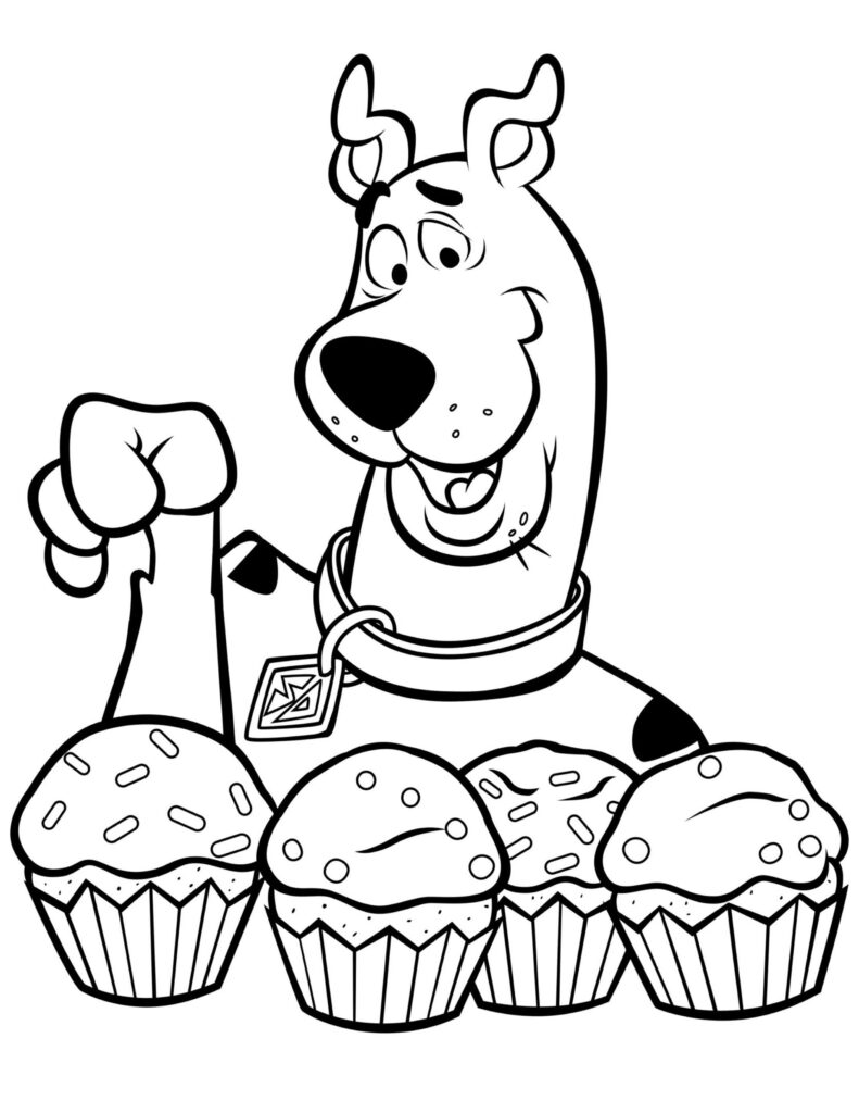 Black-and-white coloring-page illustration of Scooby-Doo smiling behind four decorated cupcakes, holding up a paw.