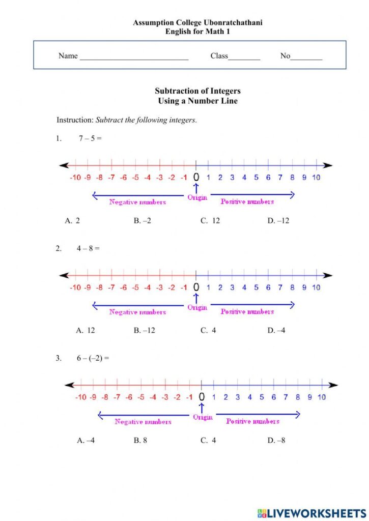 A worksheet titled “Subtraction of Integers Using a Number Line,” with three subtraction problems, illustrated number lines, and multiple-choice answers.