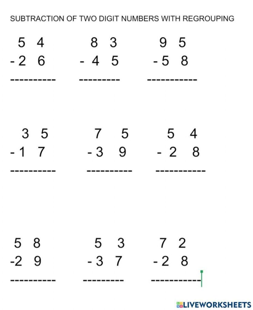 A worksheet titled “Subtraction of Two Digit Numbers with Regrouping,” with nine vertical subtraction problems and blank answer lines.