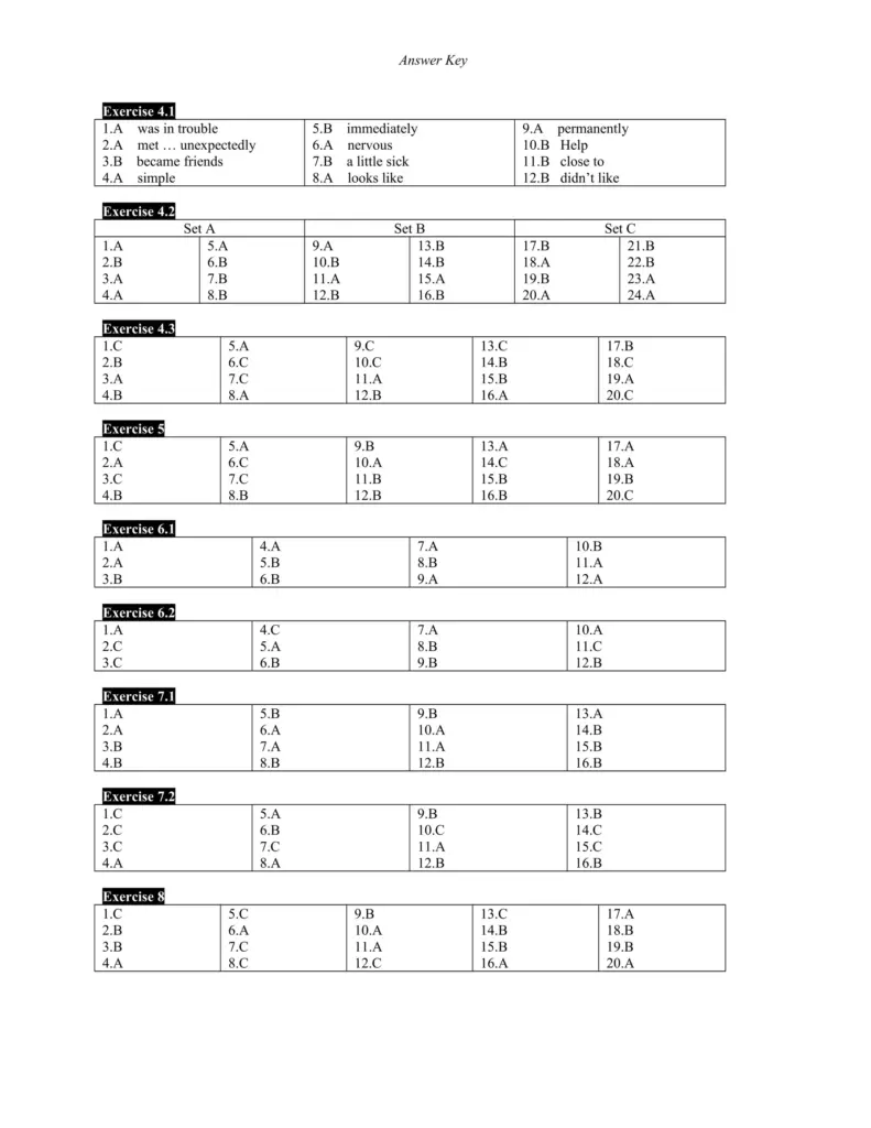 An answer-key page listing answers for Exercises 4.1 through 8, arranged in bordered tables; Exercise 4.2 includes “23.A.”.