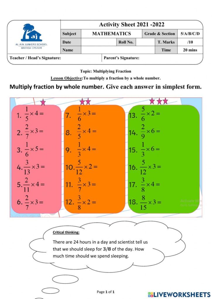 A mathematics worksheet with 18 fraction-by-whole-number multiplication problems in three colored columns and a word problem about sleeping for three-eighths of a day.