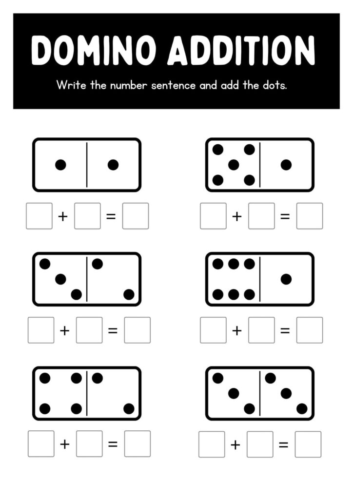 A domino addition worksheet asks students to write number sentences and add the dots. Six dominoes show different dot patterns, each followed by blank boxes for an addition equation.