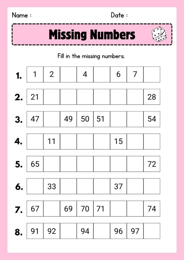 A “Missing Numbers” worksheet asks students to fill in gaps in eight counting sequences, with name and date fields at the top.