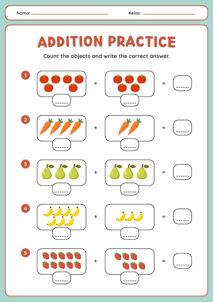 Addition practice worksheet with five fruit-counting problems. Students count groups of strawberries, carrots, pears, bananas, and berries, then write the totals.
