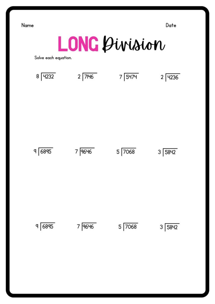 A long-division worksheet with name and date fields and several division problems arranged in rows.