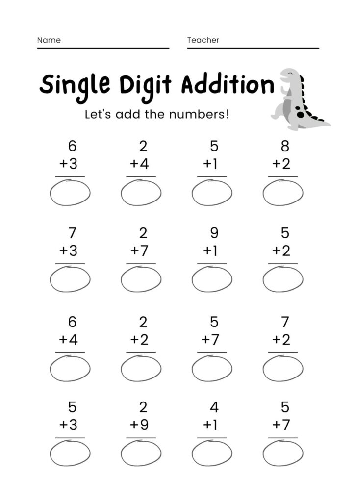 A single-digit addition worksheet titled “Single Digit Addition,” with 16 problems, blank oval answer spaces, and name and teacher lines.