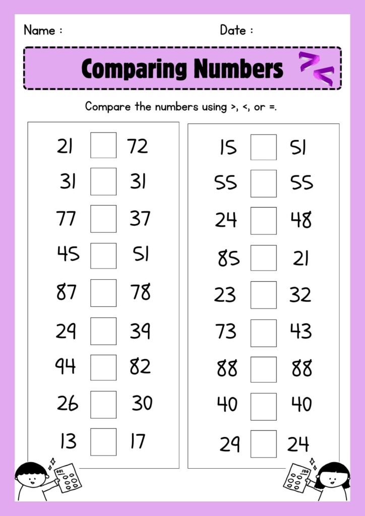 A number-comparison worksheet with two columns of problems, blank boxes for >, <, or =, and small student illustrations at the bottom.