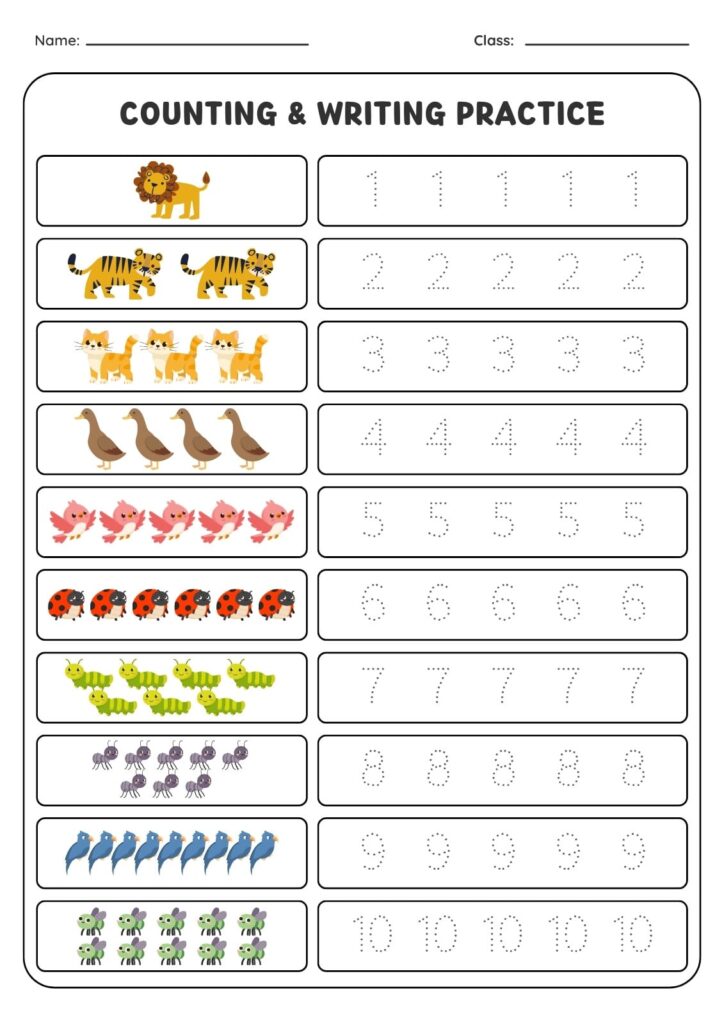 A counting and writing practice worksheet pairs groups of animals with dotted numerals from 1 to 10 for tracing.