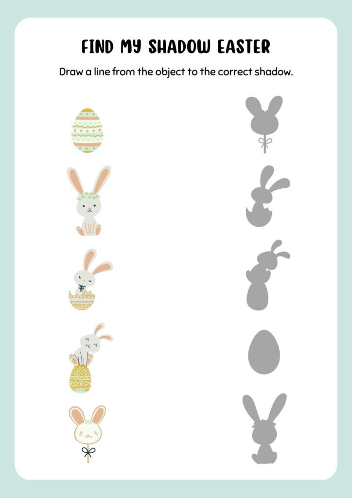 An Easter shadow-matching worksheet with five decorated eggs and bunny illustrations on the left and five gray silhouettes on the right.