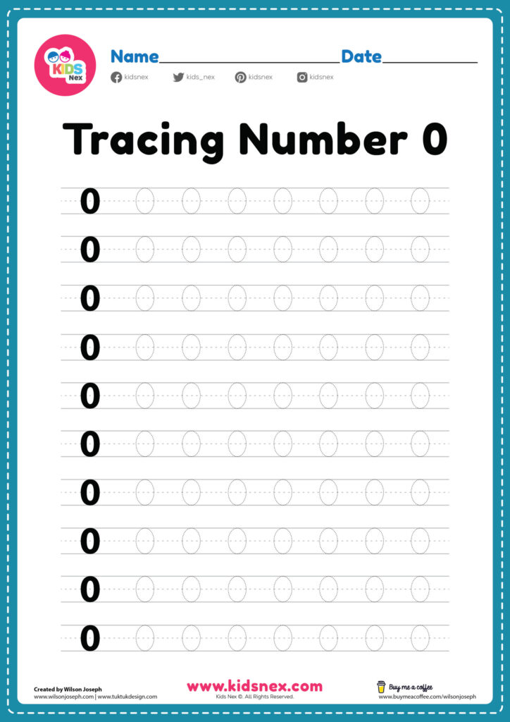 A number-tracing worksheet titled “Tracing Number 0,” with repeated rows of zeroes and dotted oval outlines for handwriting practice.