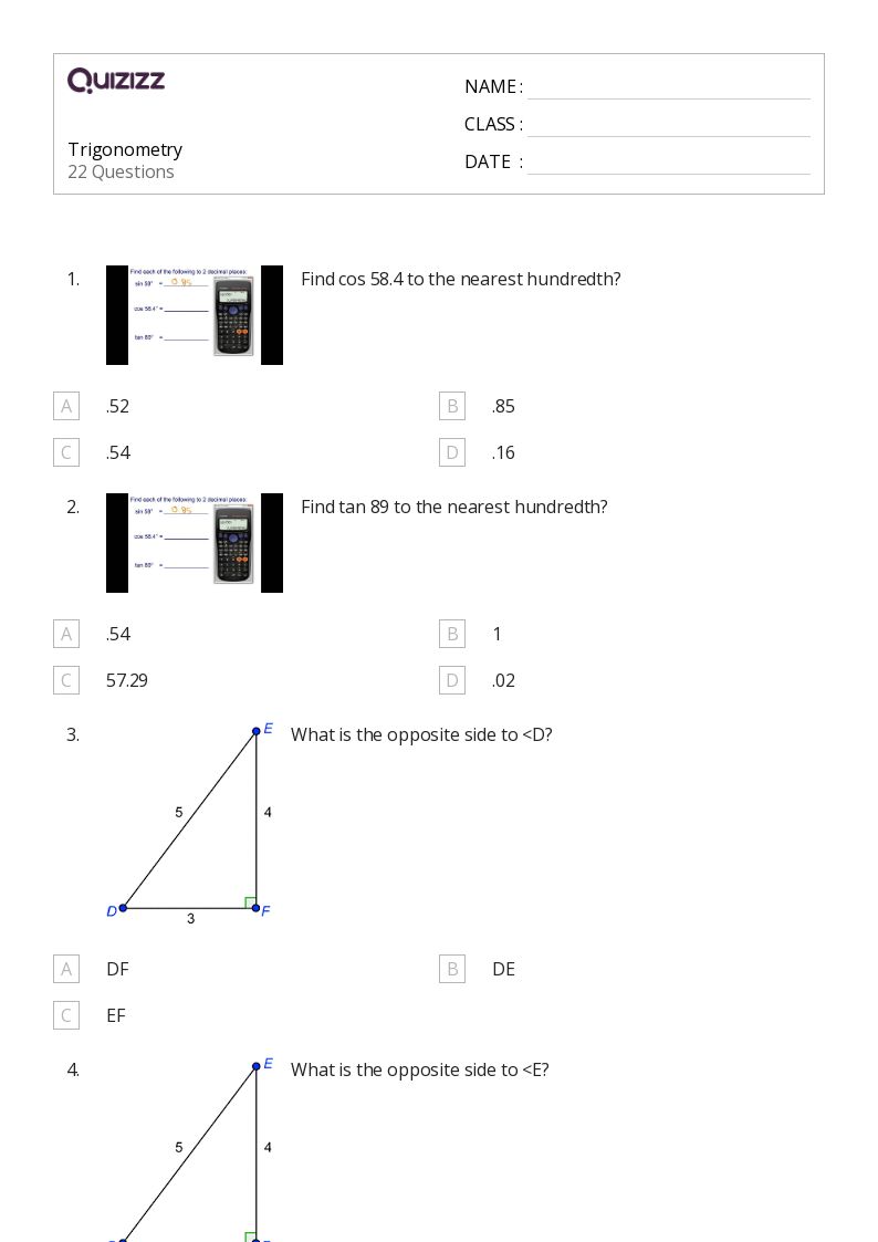 A trigonometry worksheet with multiple-choice cosine and tangent problems and right-triangle questions identifying opposite sides.