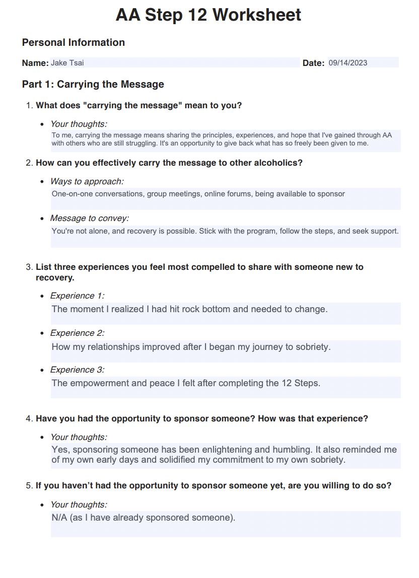 Completed AA Step 12 worksheet with prompts and responses about carrying the message, sharing recovery experiences, and sponsoring others.