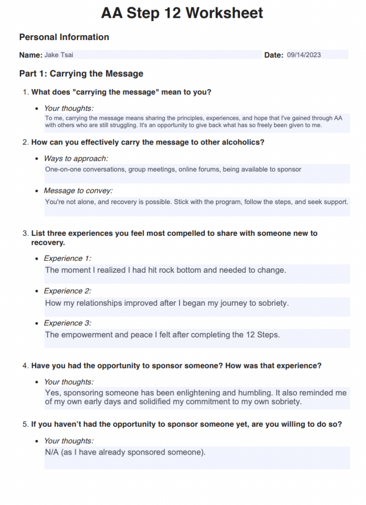 A completed AA Step 12 worksheet with personal-information fields and written responses about sharing recovery experiences, supporting other alcoholics, and sponsoring someone.
