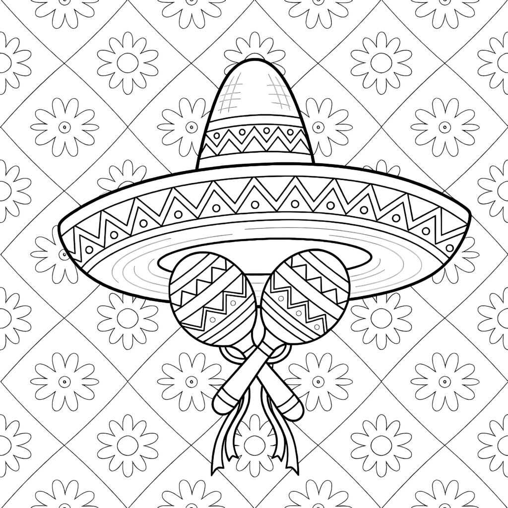 Black-and-white coloring page showing a decorated sombrero above two patterned maracas, with flowers and diamond shapes in the background.