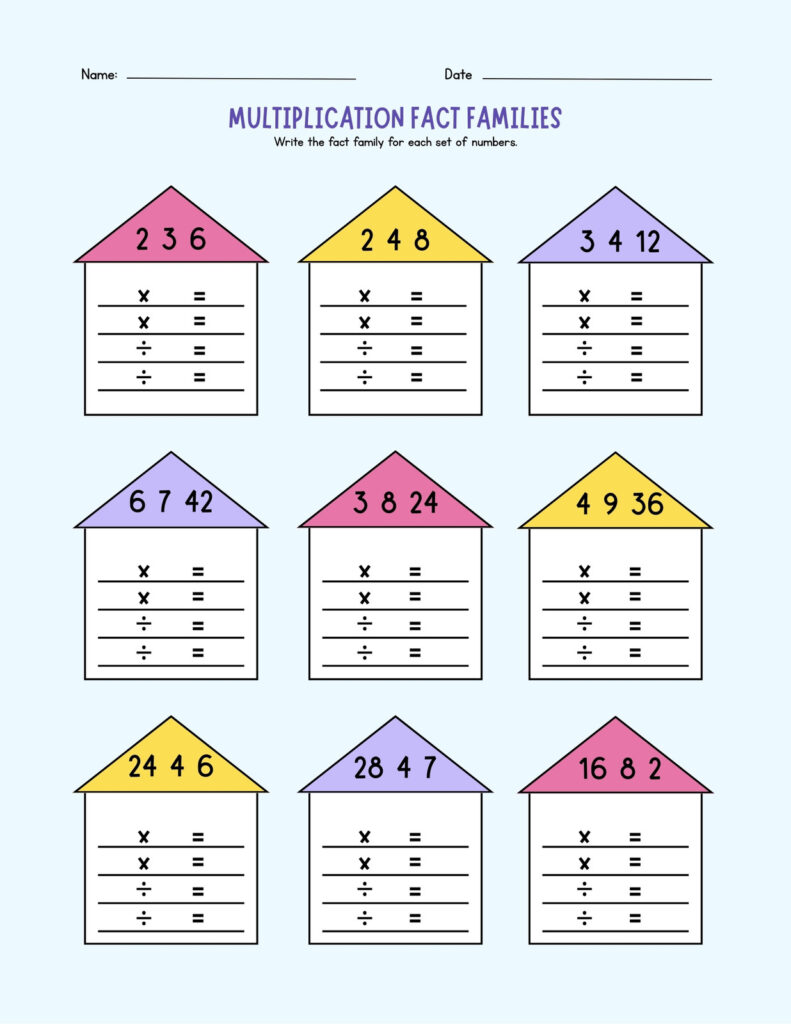 A worksheet titled “Multiplication Fact Families” shows nine house-shaped number sets with blank lines for writing multiplication and division equations.