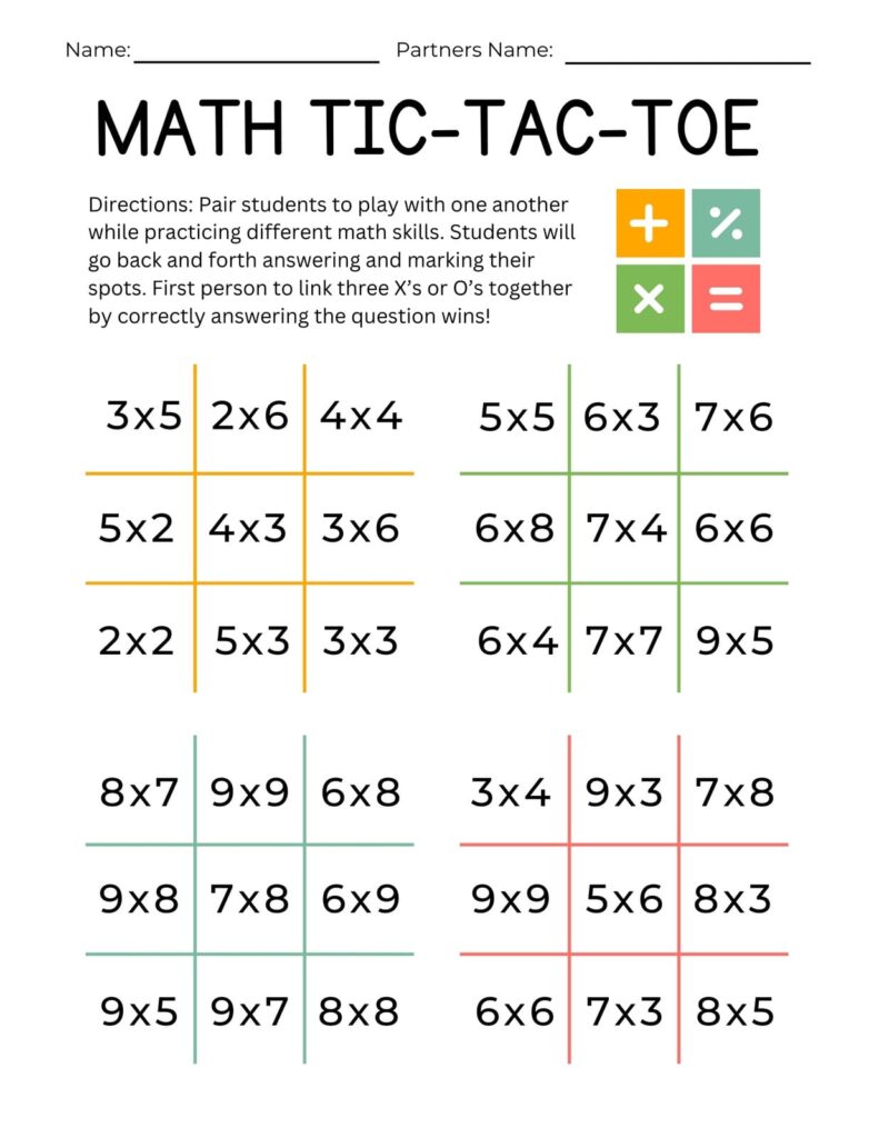 A math tic-tac-toe worksheet with directions for partner play and four colored 3×3 grids filled with multiplication problems.