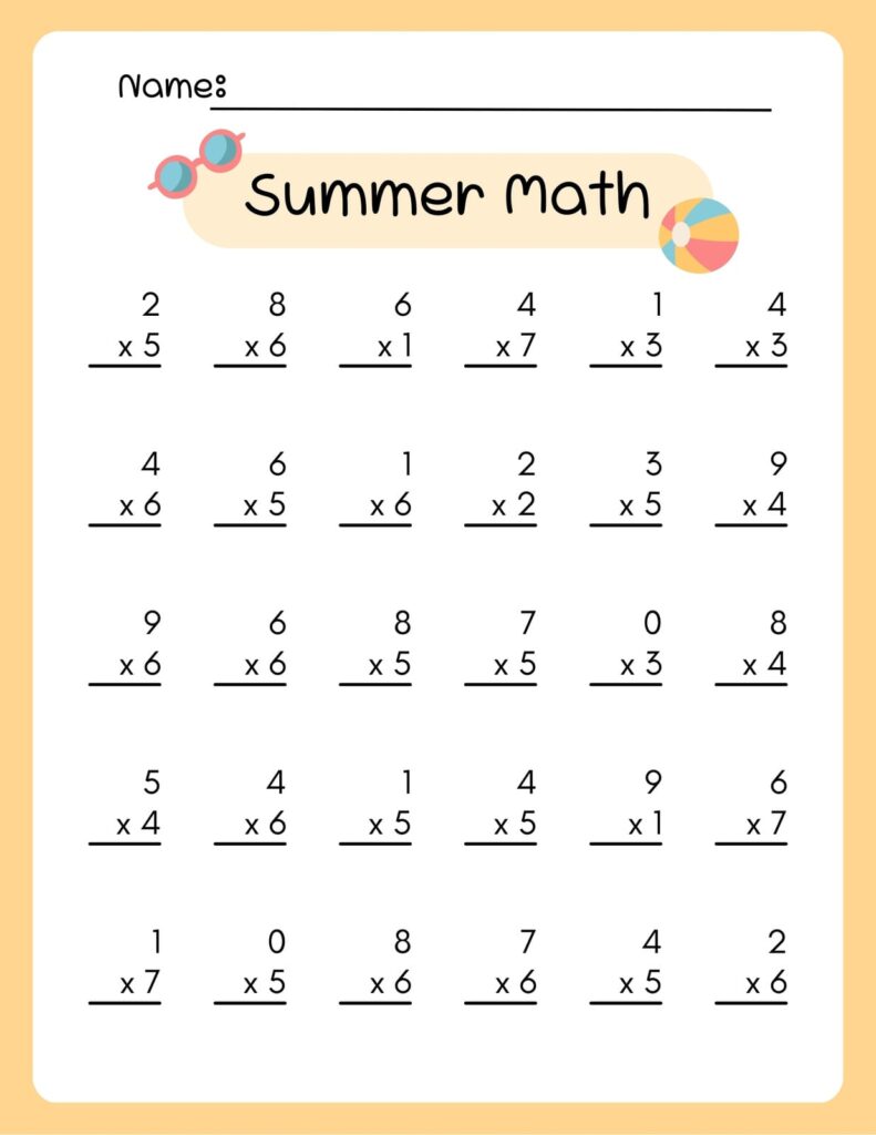 A summer math worksheet with a name line, beach-themed decorations, and rows of single-digit multiplication problems.